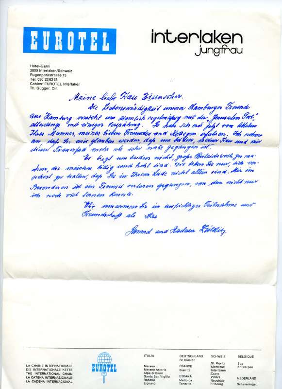 Letter to Frau Luba Eisenscher from Sammel and Hadassah (?)
